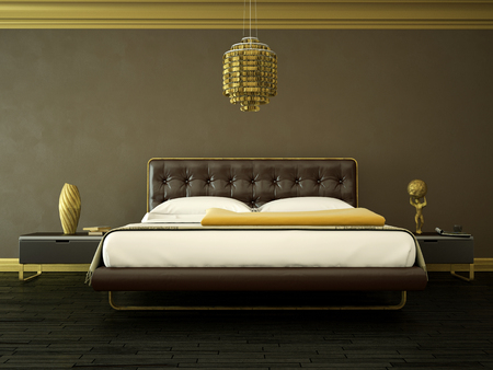 modern bedroom with brown wall and modern decor 3d Illustrationの写真素材