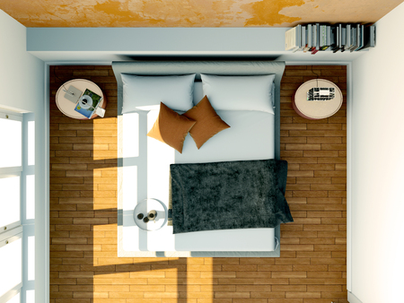 modern bedroom with king-size bed and modern decor 3d Illustrationの写真素材