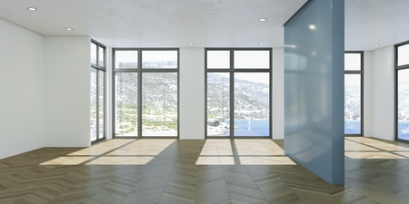 Empty room with white walls, windows and parquet 3d Illustrationの写真素材
