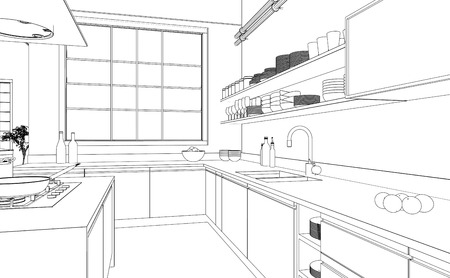 Interior Design modern Kitchen Drawing Plan 3D Illustrationの写真素材