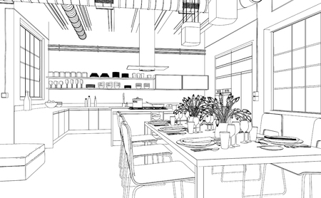 Interior Design Living Room Drawing 3D Illustrationの写真素材