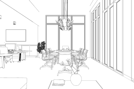 Interior Design big Office Room with desks custom Drawing 3D Illustrationの写真素材