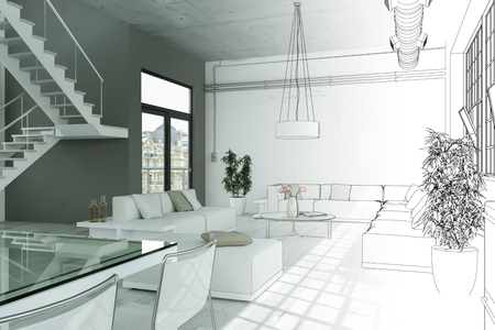 Interior Design Modern Loft Drawing Gradation Into Photograph 3D Illustrationの写真素材