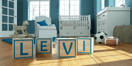 3D Illustration of the name levi written with wooden toy cubes in childrens roomの写真素材
