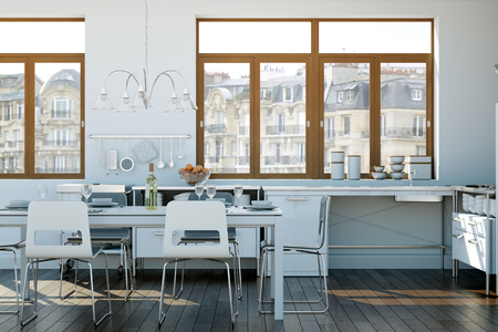 3d Illustration of white modern kitchen in a house with a beautiful designの写真素材