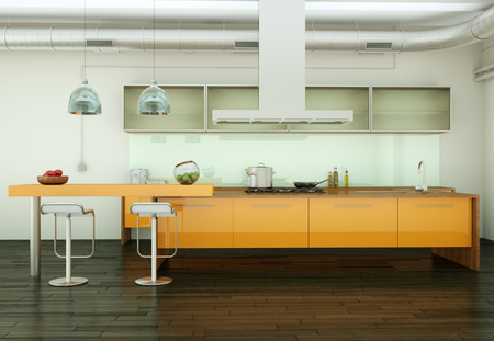 3d Illustration of orange modern kitchen in a house with a beautiful designの写真素材