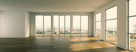 Empty room with white walls, windows and parquet 3d Illustrationの写真素材