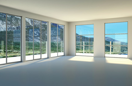 Empty room with white walls, windows and concrete 3d Illustrationの写真素材