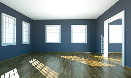 Empty room with white walls, windows and parquet 3d Illustrationの写真素材