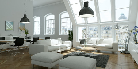 modern white skandinavian interior design living room 3d Illustration