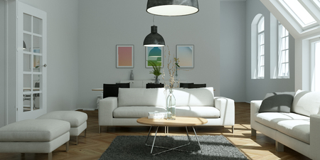 modern white skandinavian interior design living room 3d Illustrationの写真素材