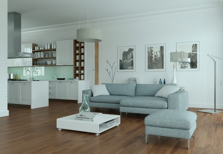Modern bright flat interior design with sofa 3d Illustration