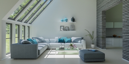 Modern bright flat interior design with sofas 3d Illustration