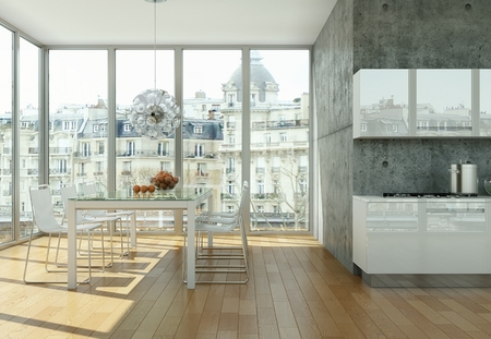 Bright modern kitchen in a room with concrete wall 3d Illustrationの写真素材