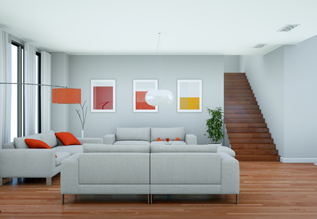 modern white skandinavian interior design living room 3d Illustration