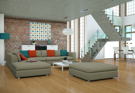 Minimalistic loft interior design with sofas and concrete walls 3d Rendering