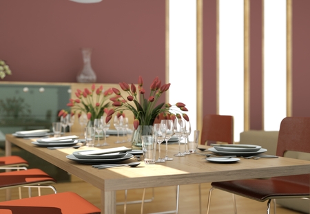Dining room interior design in modern loft 3D Illustrationの写真素材