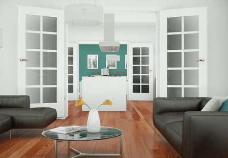 Modern living room interior design with brown leather sofas 3d Illustration
