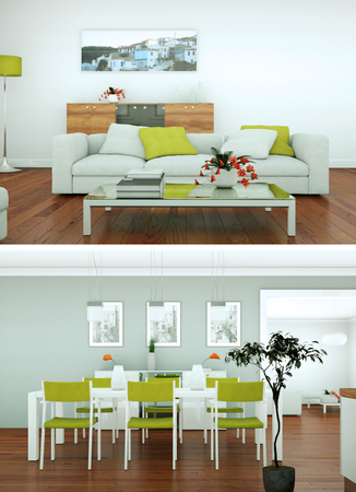 Two views of modern interior loft design with sofas 3d Renderingの写真素材