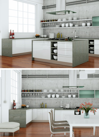 Two views of modern kitchen Interior design 3d Illustrationの写真素材