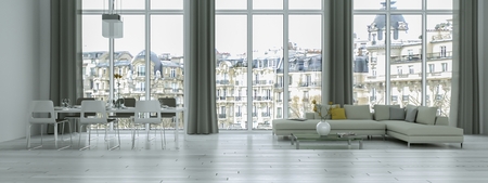 Modern bright loft with big Windows interior design 3d Illustrationの写真素材