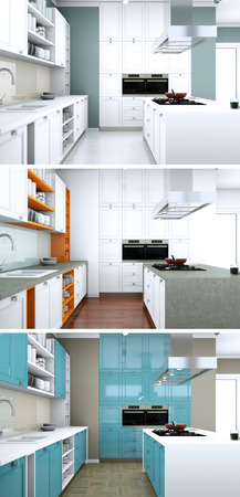 3d Illustration of three color variations of a modern kitchen with a beautiful designの写真素材