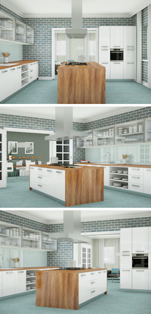 3d Illustration of three views of a modern kitchen with a beautiful designの写真素材