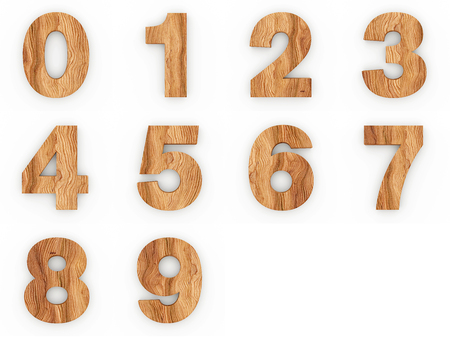 Wooden alphabet numbers isolated on white background 3D Illustration