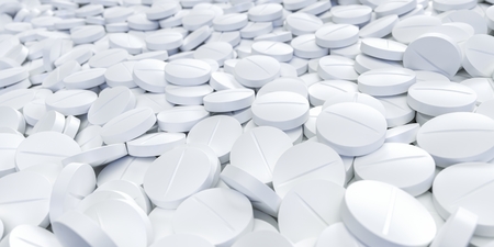Background medicine theme with various white pills 3d Illustrationの写真素材
