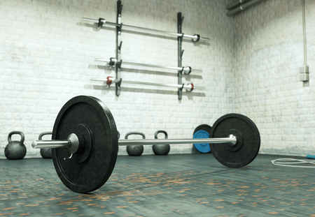 Barbell with black plates on a gym floor 3d Illustrationの写真素材
