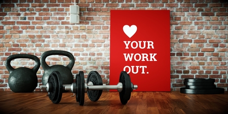 Dumbbell with black plates on a gym floor 3d Illustrationの写真素材