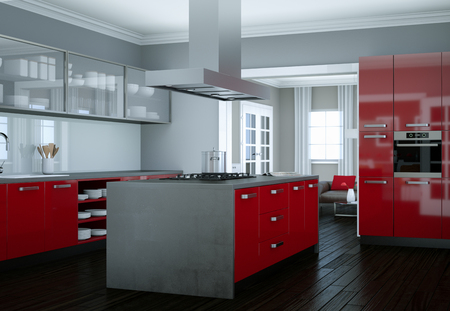 3d Illustration of a red modern kitchen interior designの写真素材