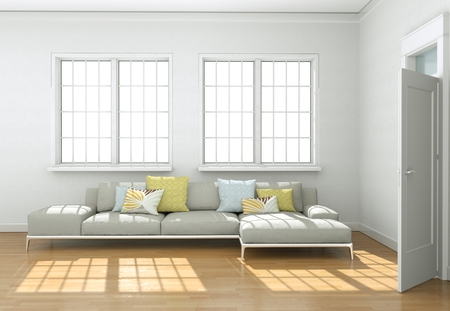 Bright room with grey sofa in front of window 3d Illustrationの写真素材