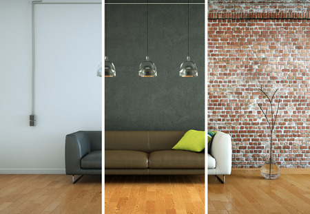 3d Illustration of splitted color variations of a modern loft interior designの写真素材