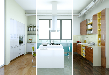 3d Illustration of Splitted color variations of a modern kitchen with a beautiful designの写真素材