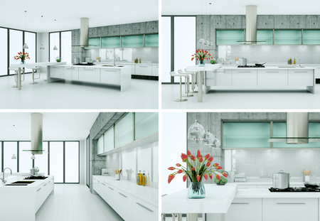 3d Illustration of four views of modern kitchen with a beautiful designの写真素材
