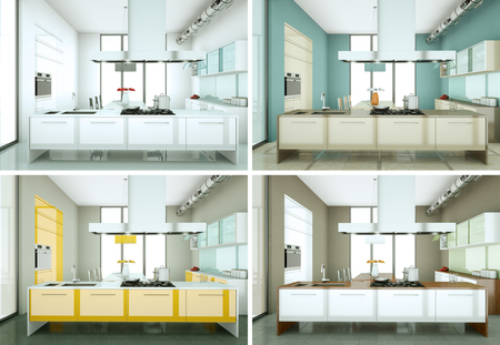 3d Illustration of four color variations of modern kitchen with a beautiful designの写真素材