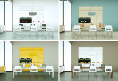 3d Illustration of four color variations of modern kitchen with a beautiful designの写真素材
