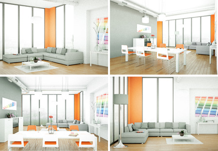 Four views of modern interior loft design 3d Illustrationの写真素材