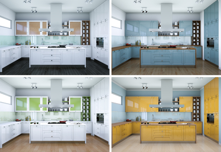 3d Illustration of four color variations of modern kitchen with a beautiful designの写真素材