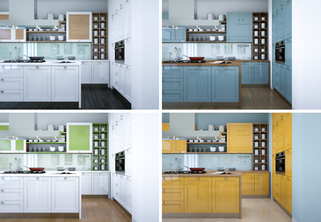 3d Illustration of four color variations of modern kitchen with a beautiful designの写真素材