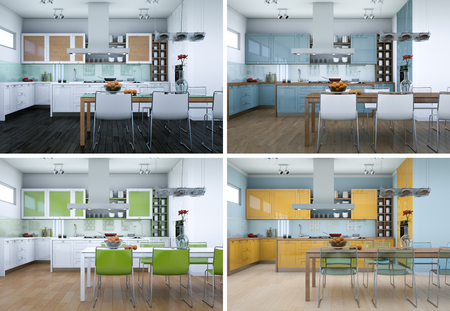 3d Illustration of four color variations of modern kitchen with a beautiful designの写真素材