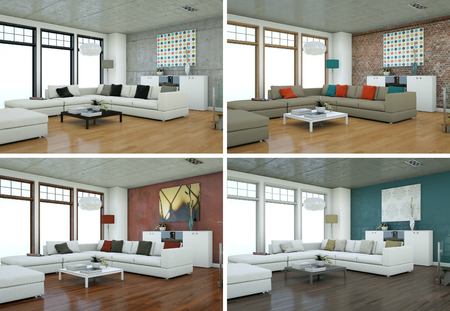 Four color variations of modern interior loft design 3d Illustrationの写真素材
