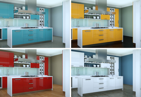 3d Illustration of four views of modern kitchen with a beautiful designの写真素材