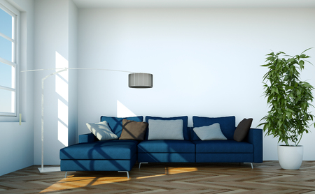 Bright room with blue sofa in front of a window 3d Illustrationの写真素材