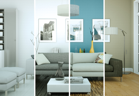 3d Illustration of splitted color variations of a modern loft interior designの写真素材