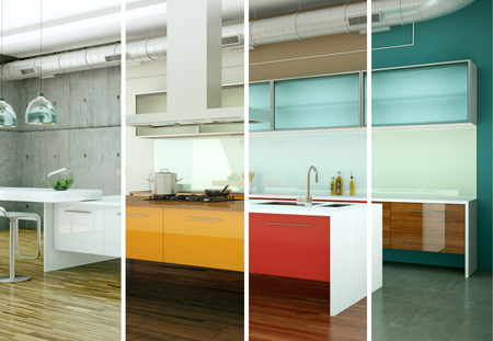 3d Illustration of Splitted color variations of a modern kitchen with a beautiful designの写真素材