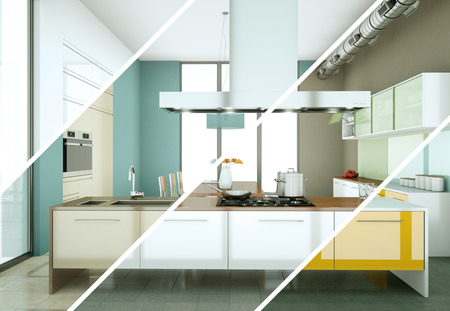 3d Illustration of Splitted color variations of a modern kitchen with a beautiful designの写真素材