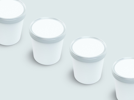 white paper canister with silver lid for ice cream and yogurt mockup 3d Illustrationの写真素材