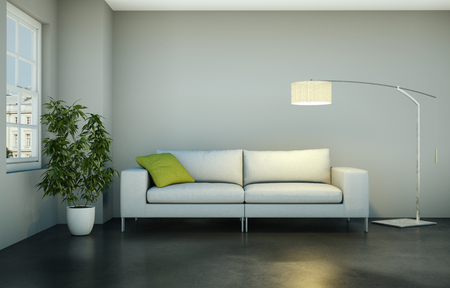Interior design modern bright room with white sofa 3d Illustrationの写真素材